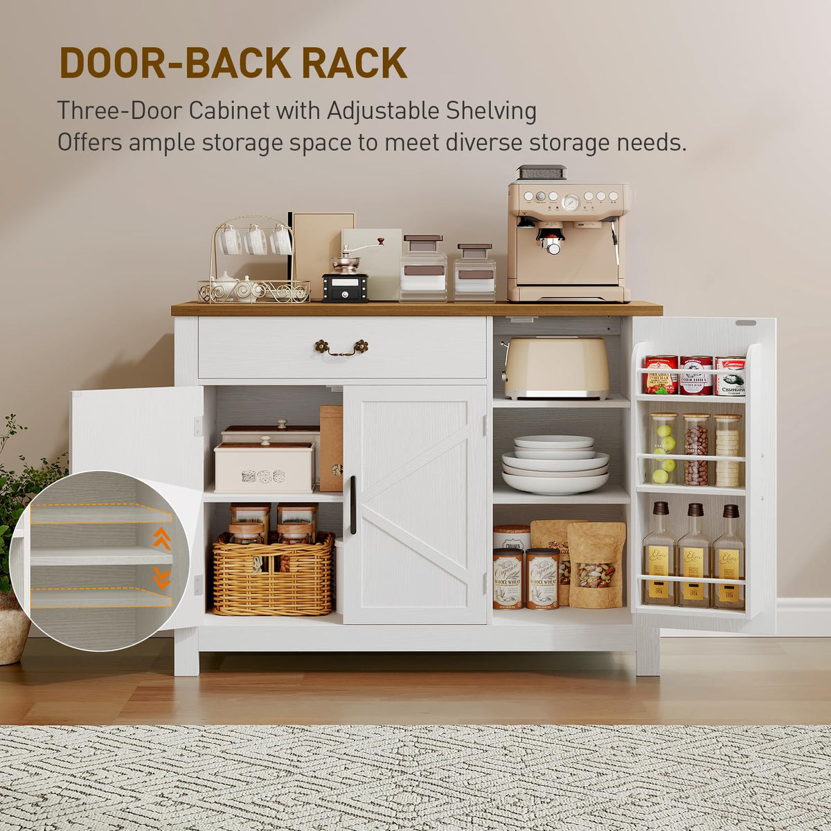 RALGEND Farmhouse Sideboard Buffet, 43” Kitchen Storage Cabinet with Drawer, Buffet Cabinet with Storage, Coffee Bar Station with Adjustable Shelves, for Kitchen, Entryway, White and Walnut