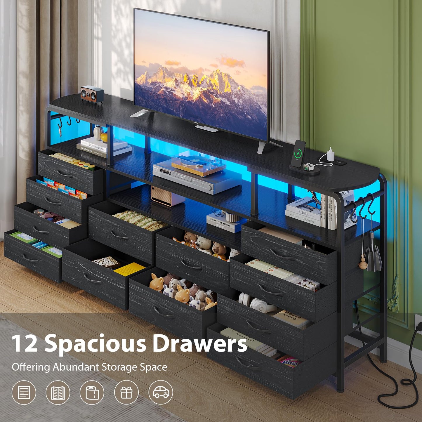 Dnxao 63 inch TV Stand Dresser for Bedroom - Black TV Stand with 12 Drawers, LED Lights & Charging Station | Dresser TV Stand with Storage, Open Shelves | Fits 55-70" TVs