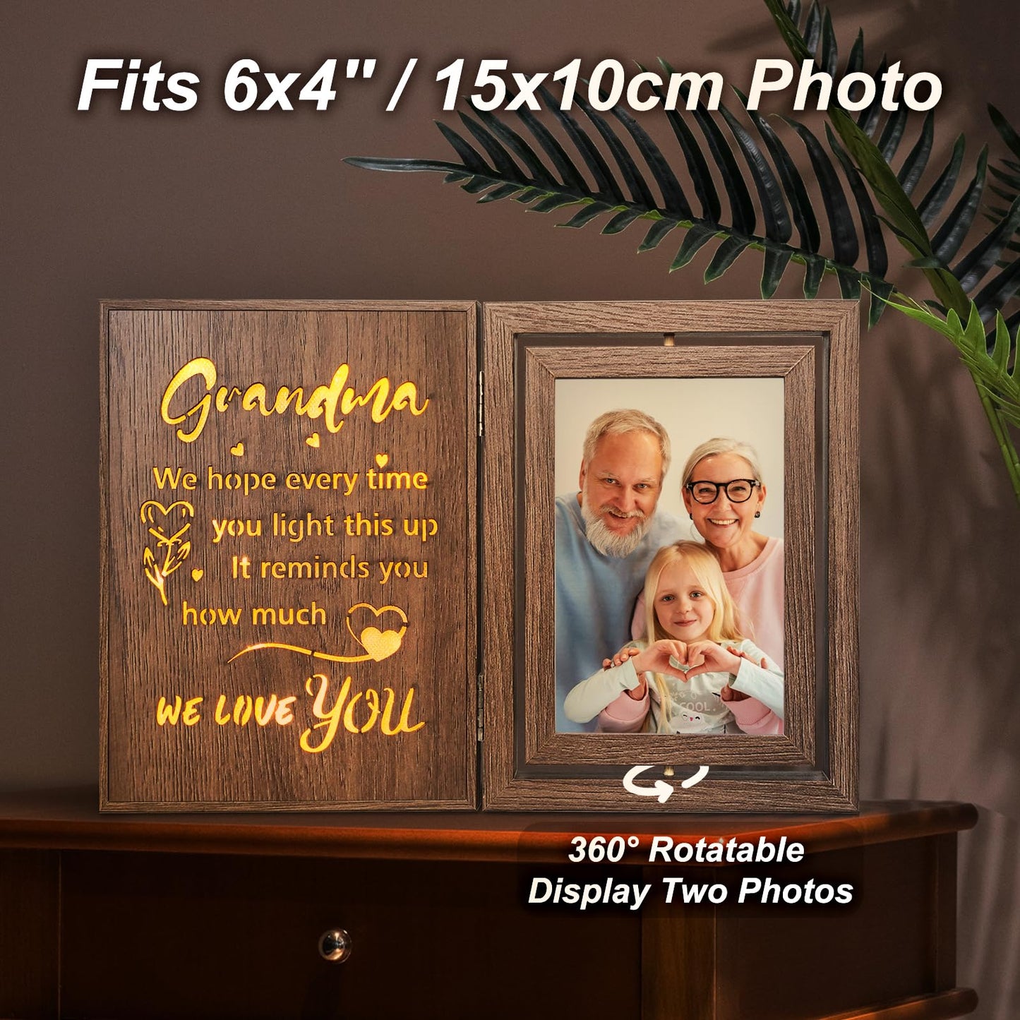 EYITUPC Grandma Picture Frame with Light Up Message – Rotating Double Sided 4x6 Photo Frame – Rustic Brown Gifts for Grandma from Grandkids – Mother's Day Birthday Christmas Gift for Grandma