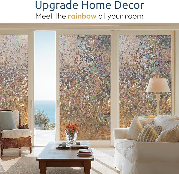 rabbitgoo Window Privacy Film Rainbow Film Decorative Window Sticker, 3D Static Stained Glass Cling Tint for Home Heat Control Non-Adhesive, Brown, 35.4 x 78.7 inches