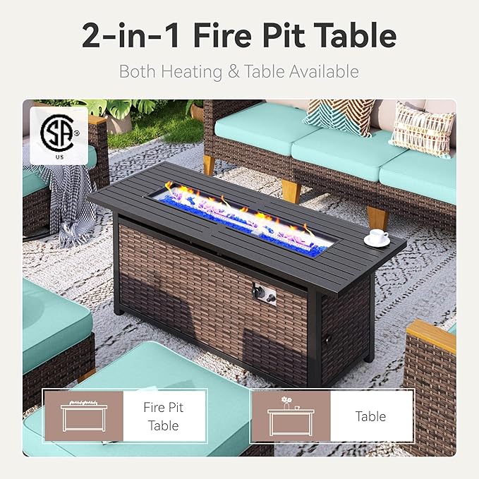 GREEN PARTY 8 Pieces Wicker Patio Furniture Set with 56" Fire Pit Table, All-Weather Outdoor Rattan Patio Half-Moon Curved Sectional Sofa Conversation Set with 4" Thick Cushions for Garden (Blue)
