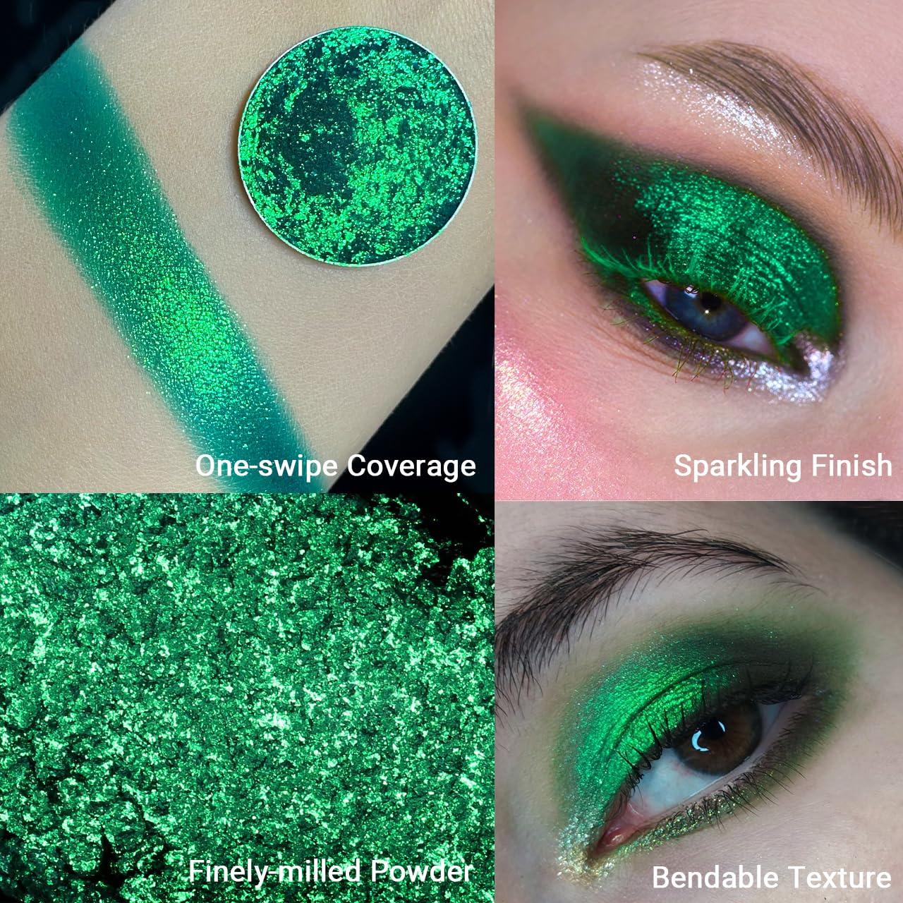 Afflano Green Glitter Eyeshadow Makeup, Chrome Emerald Green Eyeshadow palette Instant Color, Highly Pigmented, Metallic Shimmer