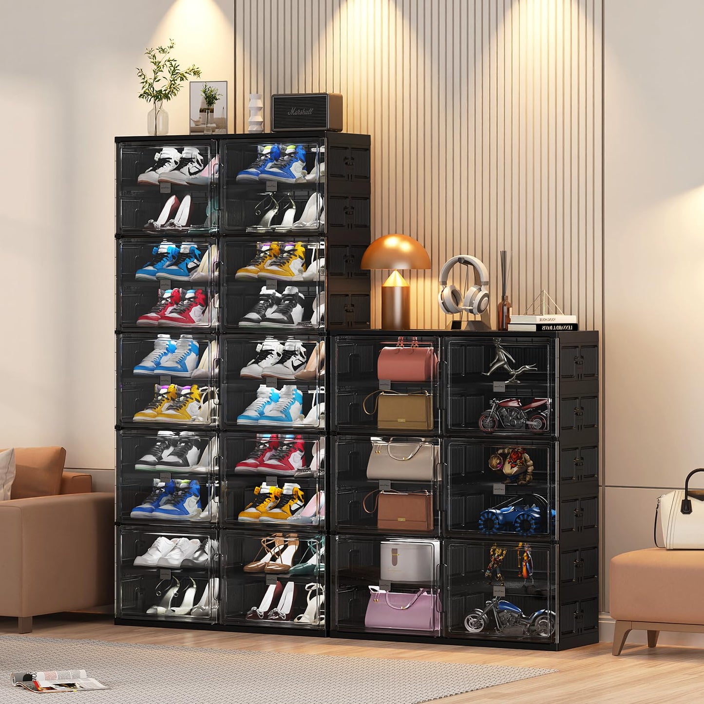 BROVIEW 10 Tiers 40 Pairs Large Plastic Shoe Storage Organizer Cabinet for Entryway, Hard Stackable Collapsible Shoe Box Organizer for Closet, Portable Folding Shoe Rack with Doors, Black S9
