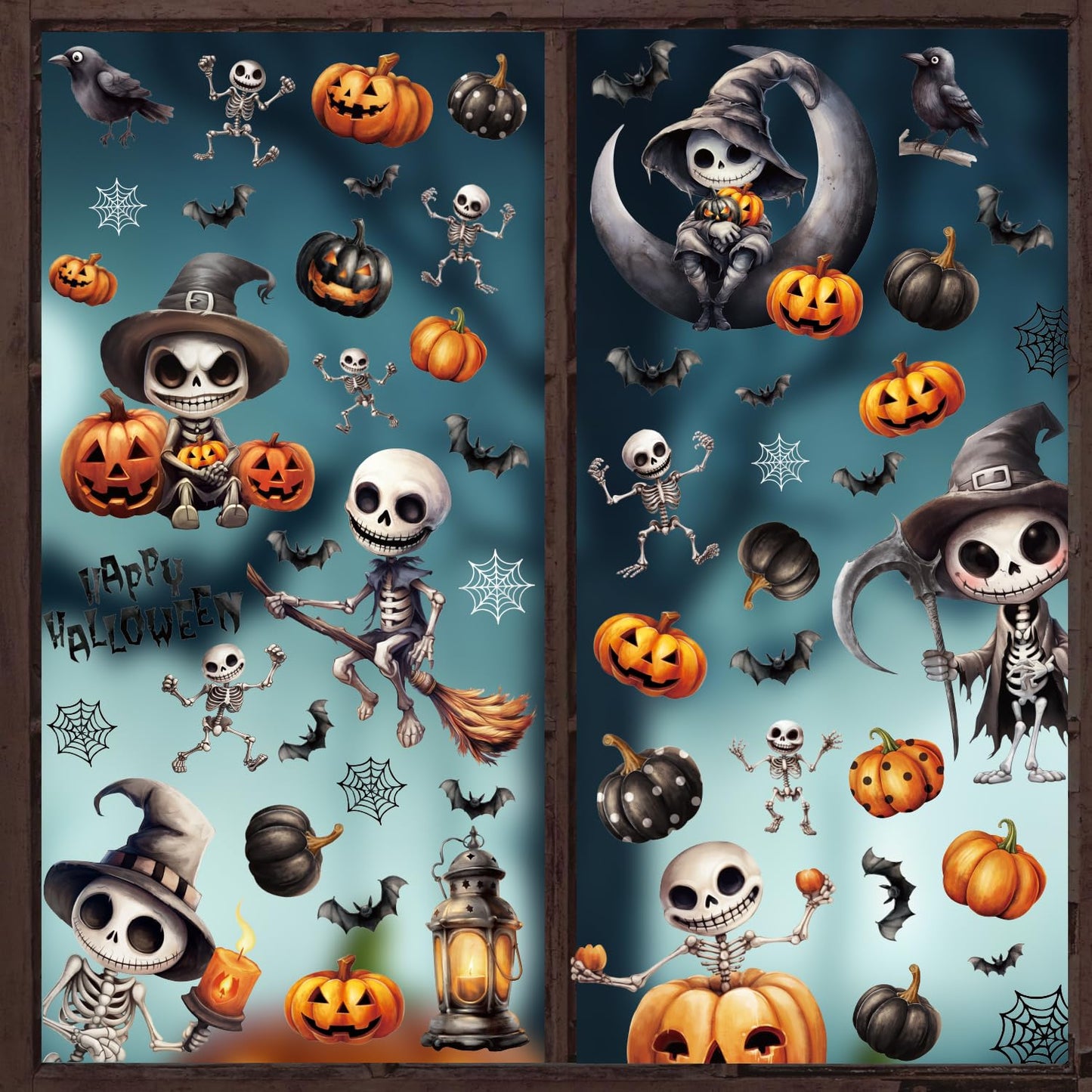 CCINEE 8 Sheet Spooky Skeleton Halloween Window Clings Sticker, Double Sided Skeleton Bat Pumpkin Gel Window Clings for Halloween Party Glass Decals Indoor Mirror Wall Decoration