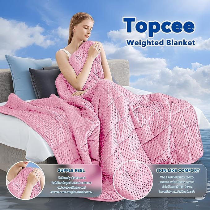Topcee Weighted Blanket for Adults (15lbs 60"x80"), Minky Dots Heavy Blanket for 140-160lbs Sleeping, Soft, Cozy and Cooling Weighted Throw Blankets, Machine Washable, Pink