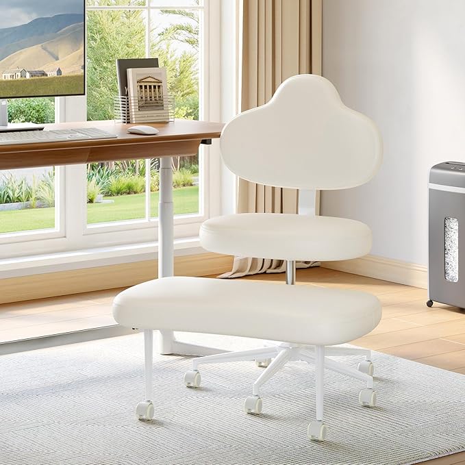 Cross Legged Office Chair with Wheels for ADHD, Ergonomic 360° Swivel Height-Adjustable Meditation Chair for Yoga, Kneeling Chair with 4 inch seat Cushion and Lumbar Support, PU Leather, Off White