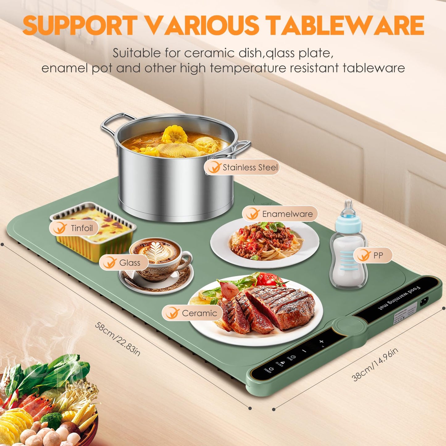 Silicone Warming Mat for Food, Fast Full Surface Heating Electric Warming Tray, 9 Level Temperature Adjustable Warming Kitchen Mat, Roll Up Food Warmer Mat for Countertop, Party, Travel