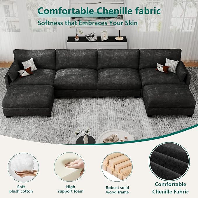 OhaiAura Modular Sectional U Shaped Sofa Couches for Living Room, Cloud Couch with Storage Ottoman, Comfy Chenille Sofa with Pillow, Black