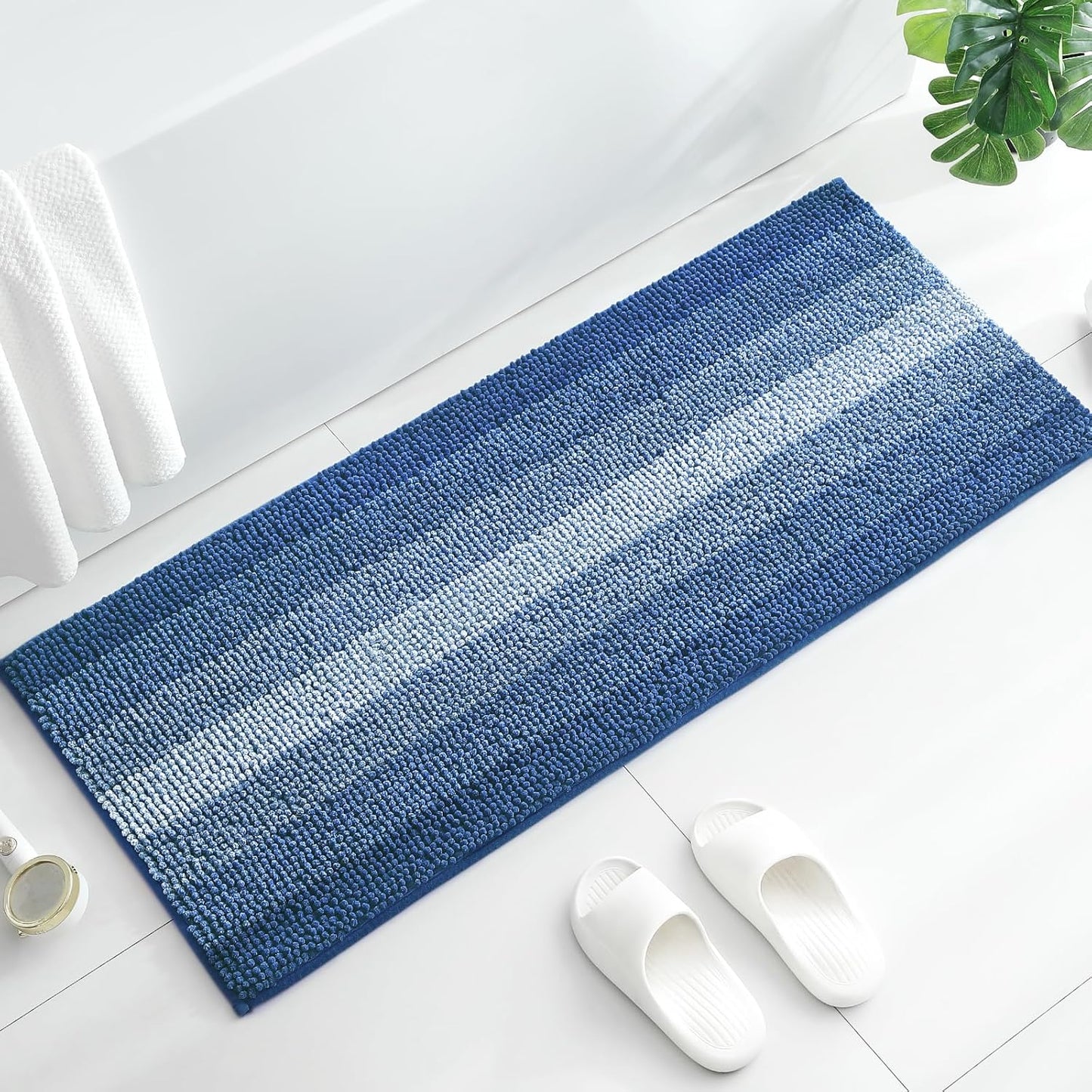 Gibelle Long Bathroom Rugs, Luxury Chenille Bath Mat, Small Non Slip Shower Rug and Bath Room Floor Mats, Machine Washable, Quick Dry Bathmat, Soft Cozy Plush Rug for Tub, 20" x 47", Blue