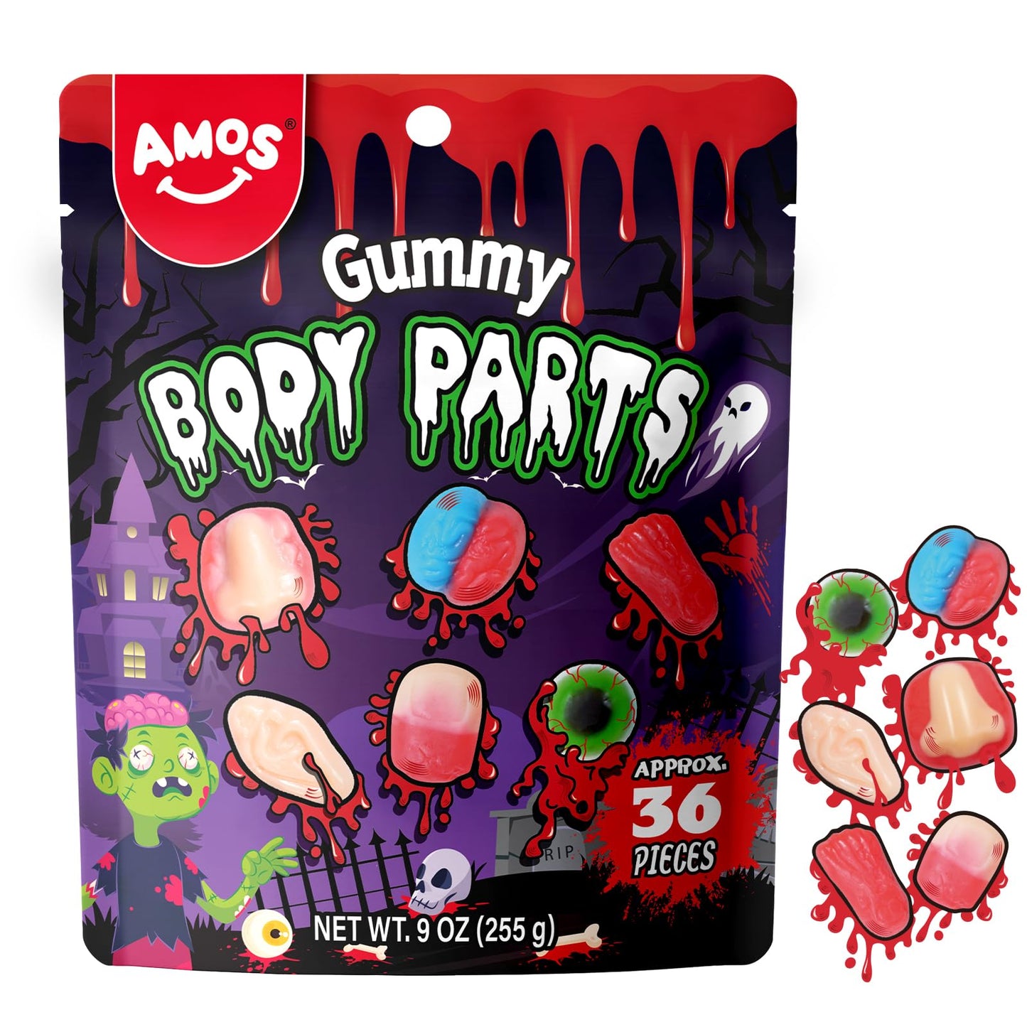 Amos Halloween Gummy Body Parts, Spooky Candy for Trick-or-Treat, Halloween Snacks, and Edible Decorations – Approx. 36 Individually Wrapped Pieces, 9oz Bag