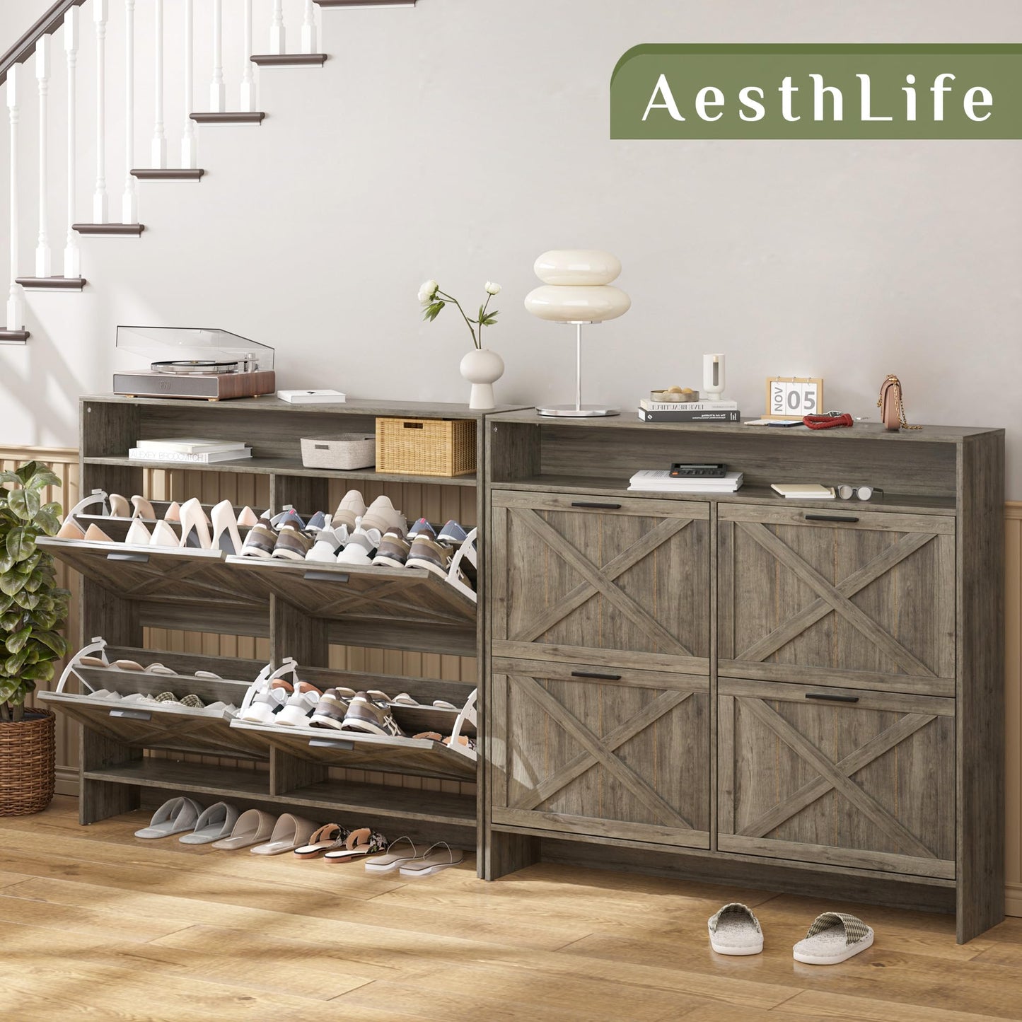 AesthLife Shoe Storage Cabinet with 4 Flip Drawers, Sturdy Anti-Tip Design Shoe Rack Cabinet for Entryway, Hallway, Apartment (Rustic Grey)