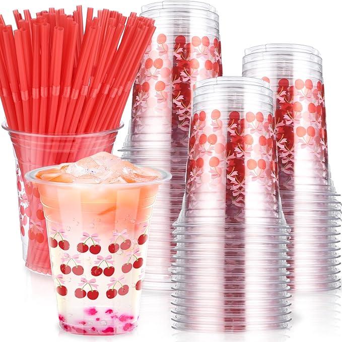 Yoiemivy 100 Pcs Cherry Disposable Plastic Cups with Straws 16 oz Cute Cherry Beverage Drinking Cups for Holiday Party Fav...