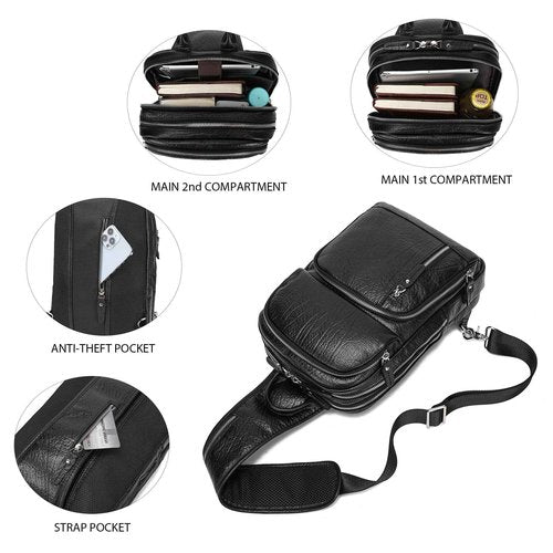 LANNSYNE Full Grain Leather Sling Bag For Men, Crossbody Bag fits 12.9" iPad Crossbody Chest Daypack