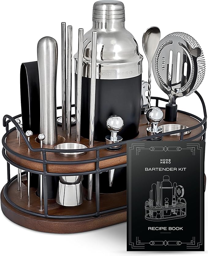 Home Hero Bartender Kit - 22-Piece Cocktail Shaker & Bar Tool Set - Wooden Stand Display & Bar Cart Accessories - Recipe B...