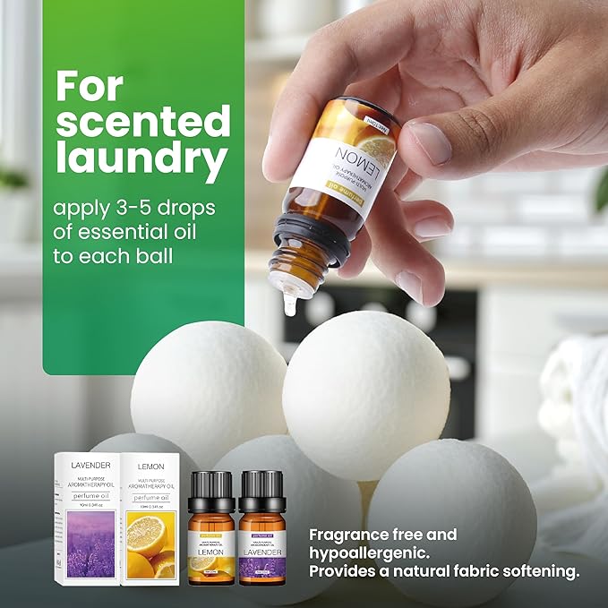 SEREN Dryer Balls Laundry Reusable 6-Pack with Essential Oils for Dryer Wool Balls, Organic New Zealand Wool Dryer Balls Essential Oil Lavender Scent and Lemon Scent, Plastic-Free, Eco-Friendly