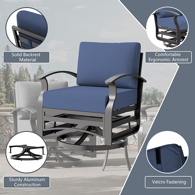 RTDTD Aluminum Outdoor Patio Furniture Set,4 Pieces 5 Seats Patio Conversation Sets with 45" Propane Fire Pit Table,Metal Patio Sectional Furniture Set with 2 Swivel Rocking Chairs,Navy Blue