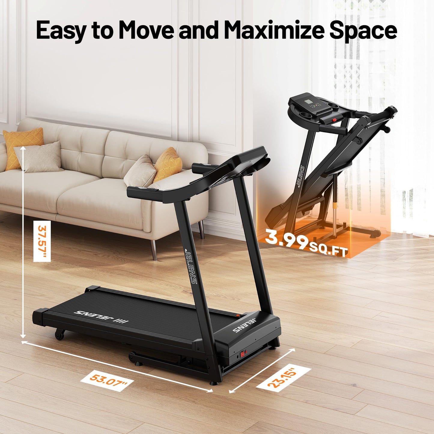 JELENS Treadmill for Home with 0-15% Auto Incline, Foldable Walking Pad Treadmill with 330LBS Weight Capacity and Pulse Sensors, 3.0HP Quiet Walking Pad with App and LCD Display (Black)