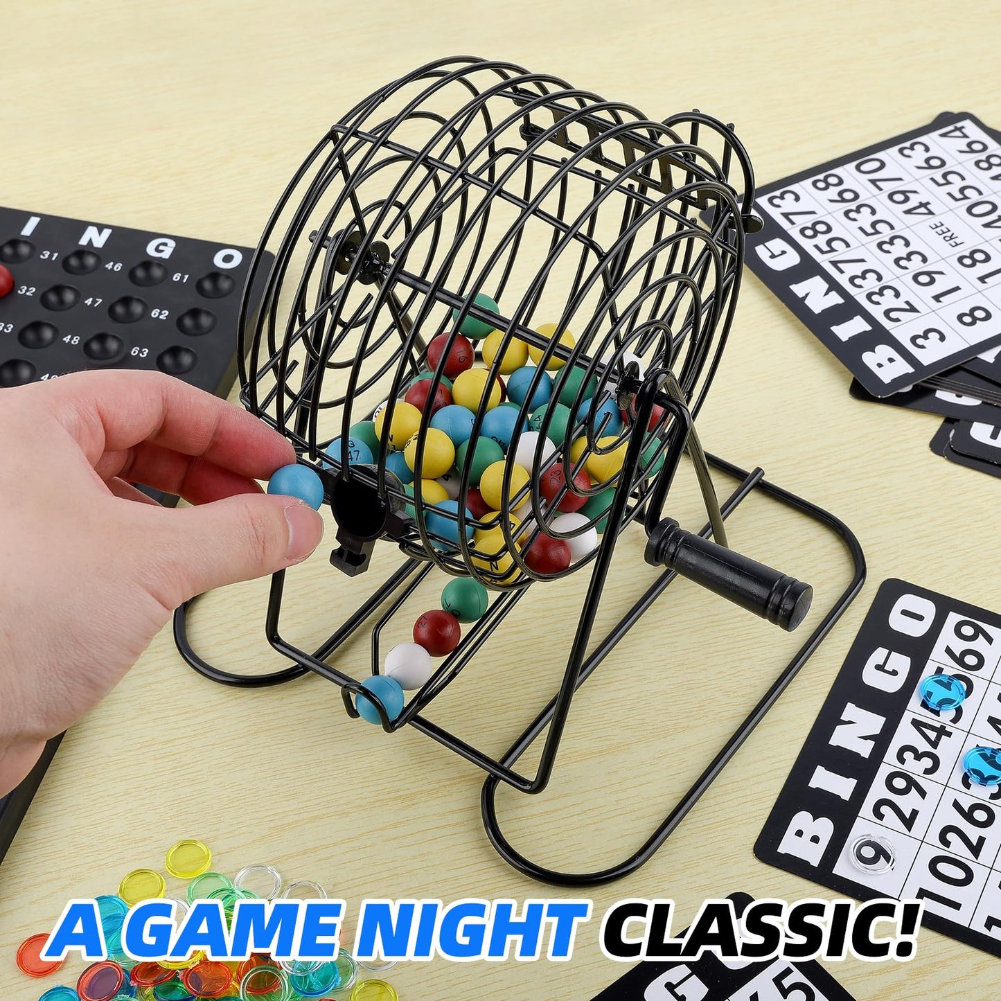 Homwom Deluxe Bingo Game Set Includes 18 Mixed Cards, 150 Vibrant Chips, 75 Calling Balls, 8” Bingo Cage - Premium Bingo Set for Large Groups and Parties