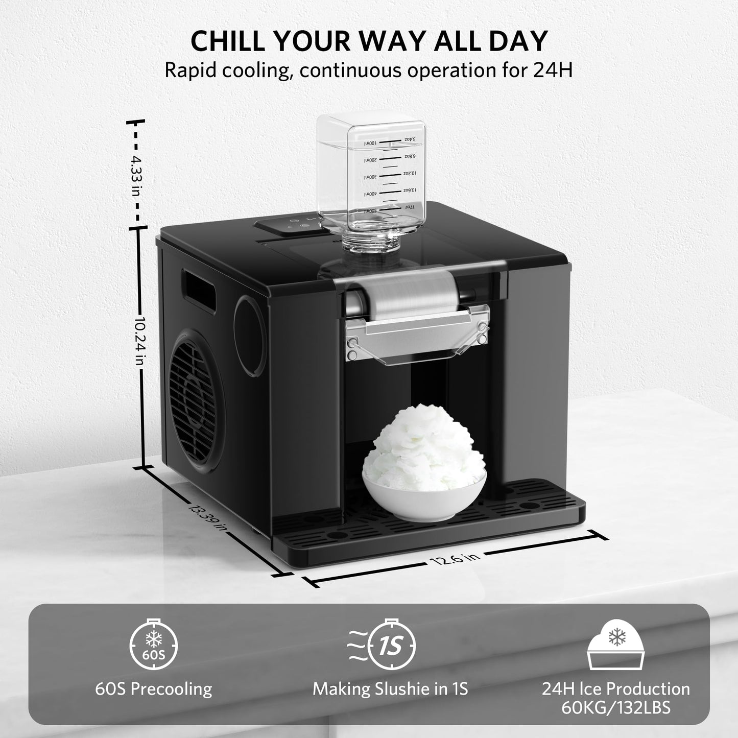 Bellatte Shaved Ice Machine with Compressor | 60s Fast Fluffy Slushie & Snow Cone Maker | No Pre-Freezing | Sugar-Free Friendly | Self-Cleaning | 16oz Frozen Drink Maker for Home, Party & RV