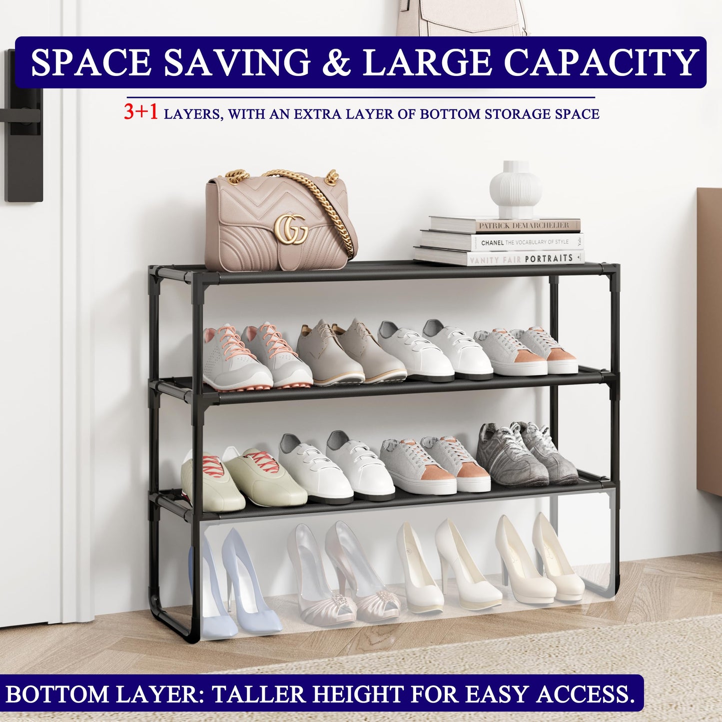 COAPUKT Long Shoe Rack, 3-Tier Stackable Shoe Organizer for Closet, Entryway, Hallway, Extra Bottom Layer, Holds 16-20 Pairs, Sturdy & Durable Waterproof Fabric Shelf, Space-Saving,Black