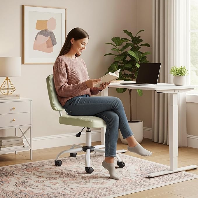 VINGLI Compact Small Desk Chair, Cute Armless Chair with Wheels, Vanity Chair with Low Back, Height Adjustable Task Chair for Small Spaces, Office, Bedroom, Make Up Room, PU Leather, Mint Green