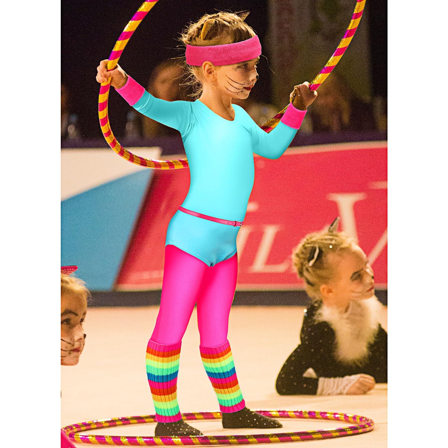 Hicarer 5 Pcs Kids 80s Workout Costume Outfit Accessories Set, Neon Leotard Legging Headband Wristband Leg Warmers Belt(2-3 Years)
