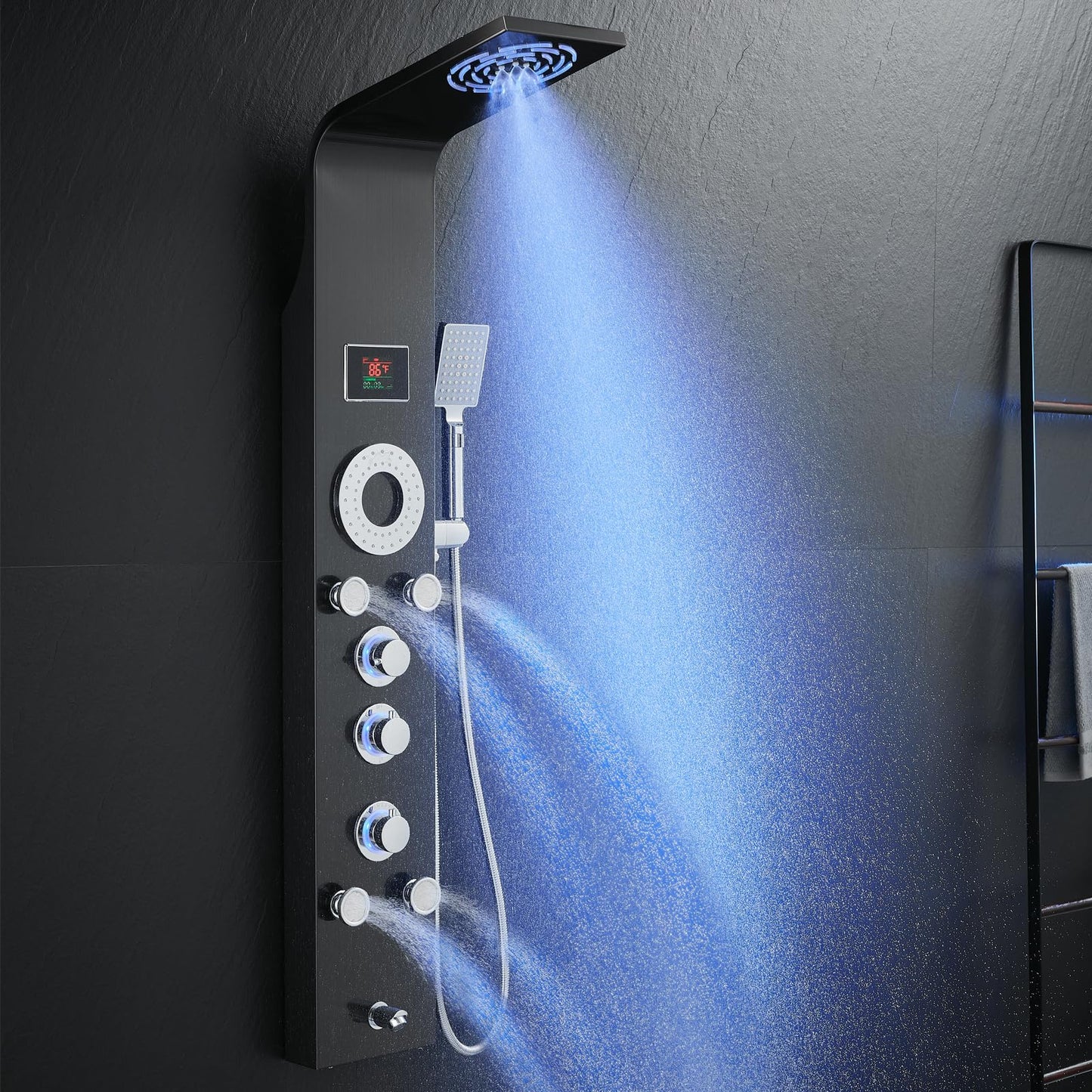 ROVOGO Shower Panel Tower System with Rainfall Mist Shower Head, Body Jets, Handheld and Tub Spout, Led Lights and Temp Display No Battery Needed, Unibody Shower Column 304 Stainless Steel Black