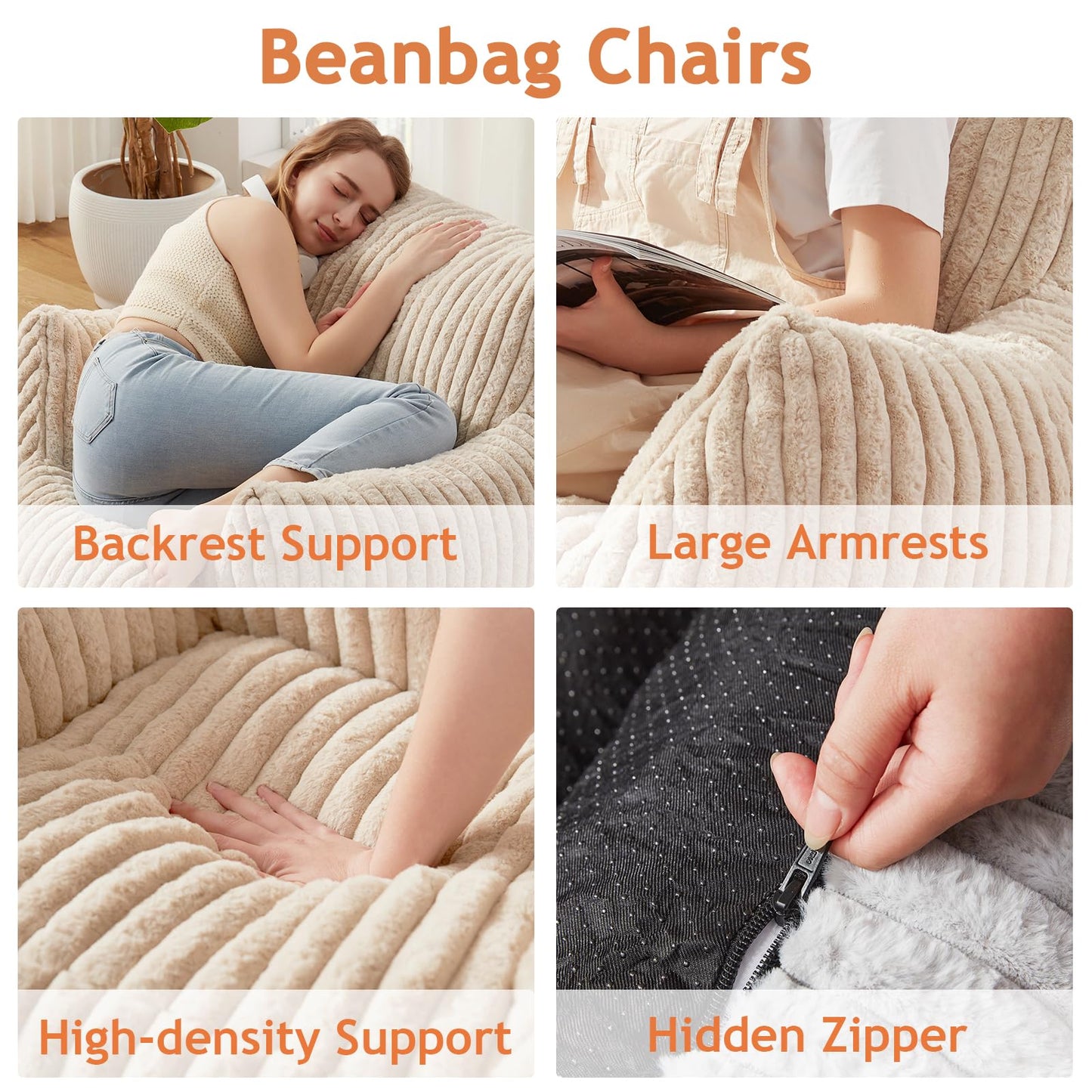 Giant Bean Bag Chairs for Adults with Filling Plush Fluffy Bean Bag Chairs for Teens with Armrests Comfy BeanBag Lazy Couch Sofa Chair for Bedroom Living Room Reading