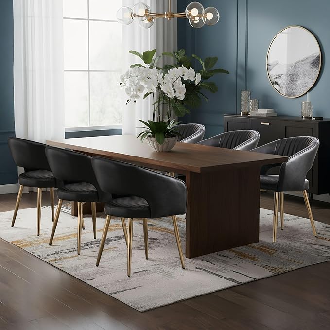 COMULER Faux Leather Dining Chairs Gold Legs, Modern Black PU Leather Dining Room Chairs with Arms Set of 6 Upholstered Accent Chair Armchair with Barrel Back for Kitchen Living Room