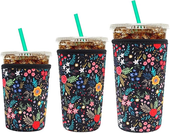 YR Reusable Neoprene Insulator Sleeve for Iced Coffee Cups, 3 Pack Coffee Coolies sleeves for Iced & Hot Drinks, Cold Beve...