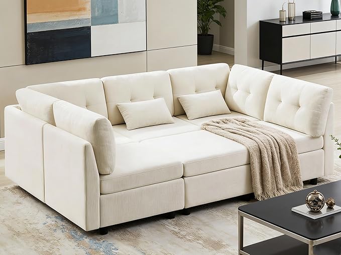 VANOMi 5 Seater Modular Sectional Sofa, Convertible Modular Cloud Sofa Bed with Ottoman, Comfy Chenille Sofas & Couches for Living Room, Apartment, Office, White, Sofa Bed
