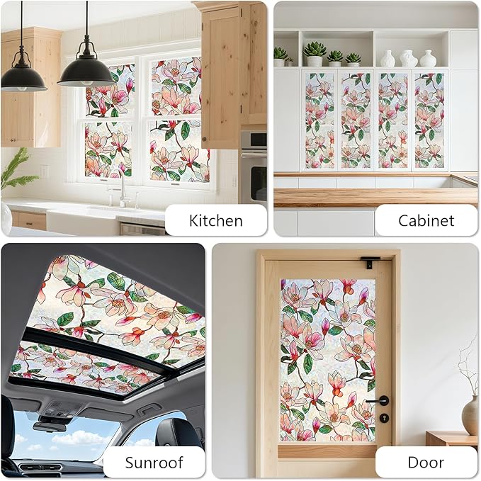 Kromapolis Window Privacy Film, Stained Glass Sticker Floral Window Clings, Decorative Static Clings UV Blocking Colorful Decals, Removable Vinyl Covering Rainbow Magnolia Flowers, 17.5'' x 157.4''