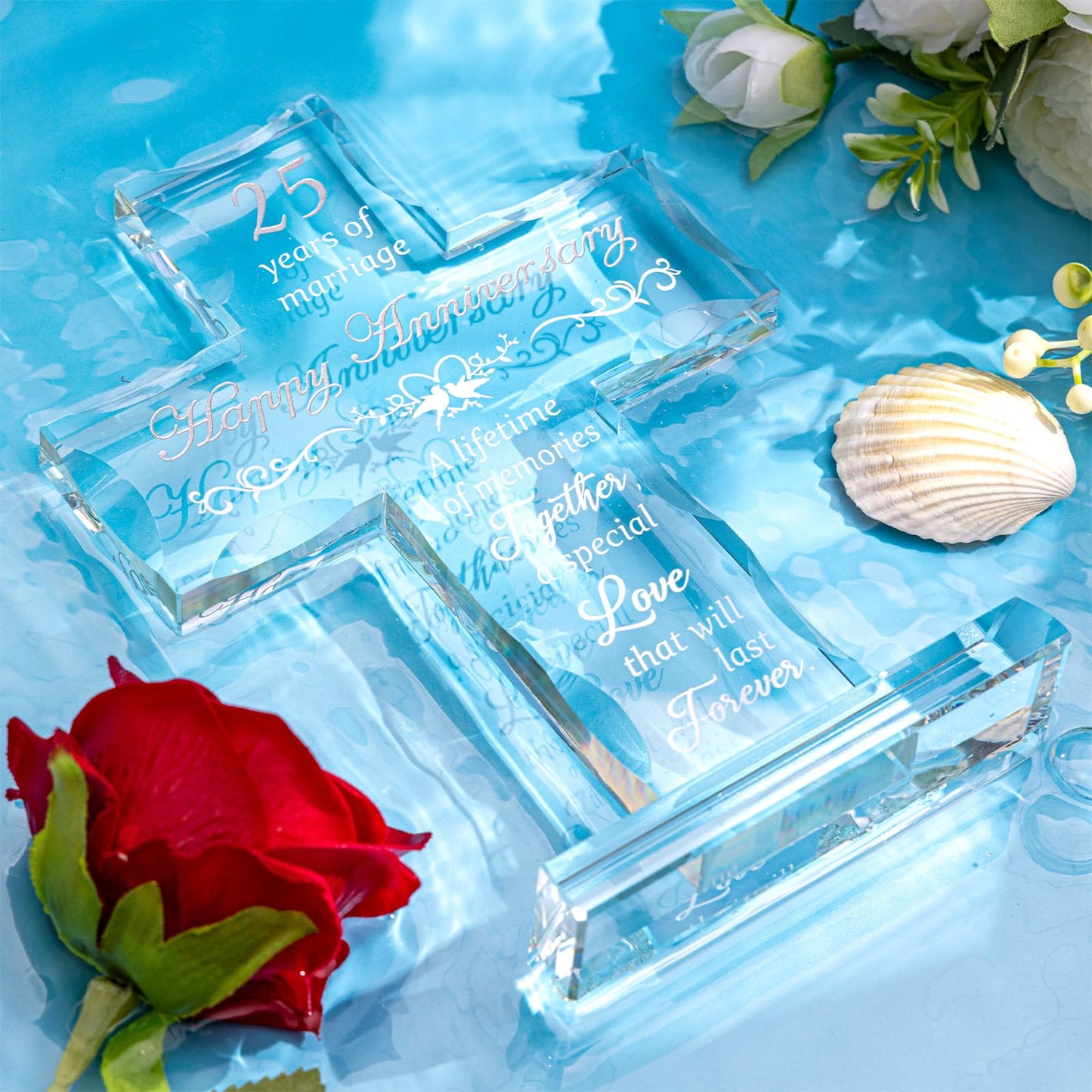 GIRVEM 25th Wedding Anniversary Glass Cross Gifts for Couple, Wedding Anniversary Keepsake for Him Her, Laser Engraved Glass Standing Cross Decoration