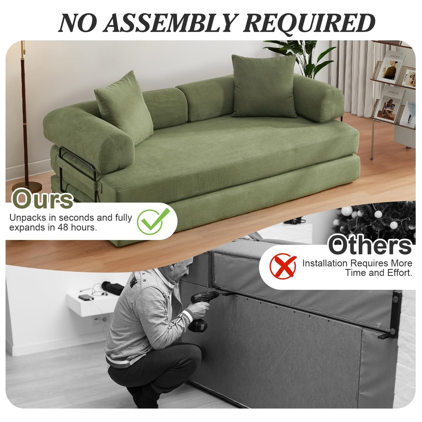 MAKIAAP 78.5'' Convertible Folding Sofa Bed – 4-in-1 Modular Floor Couch, Corduroy Small Cloud Couch, Compressed Foldable Sleeper Sofa, King Size Futon for Bedroom, Guest Room (Green)