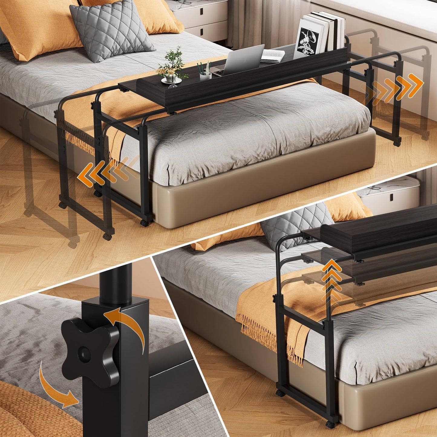 gihusrzx Overbed Table with Wheels, Adjustable Overbed Desk, Laptop Desk, Matte Black, 140x50cm, Suitable for within 230CM Bed