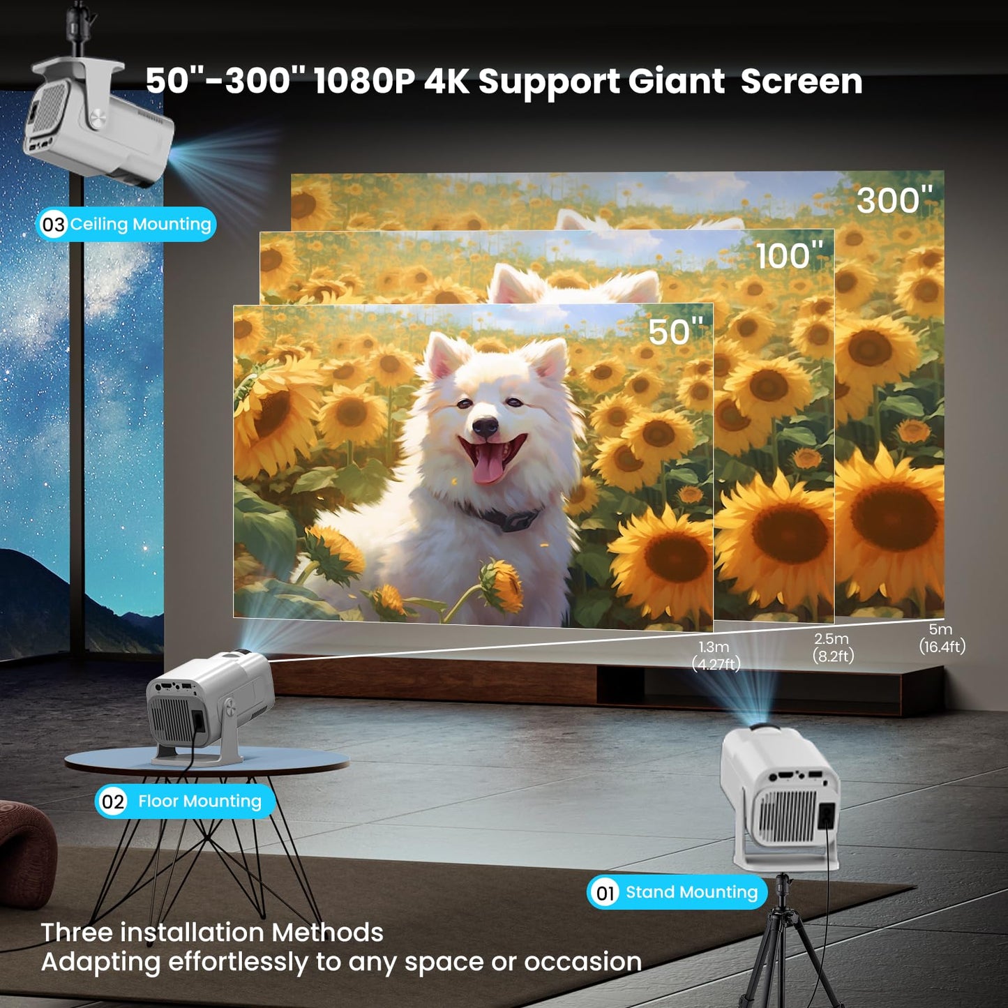 4K Smart Projector [Auto Screen Correction & 3D Audio & 1080p FHD Native Res] Built-in Genuine TV OS - Feature-rich Apps, Black-and-white