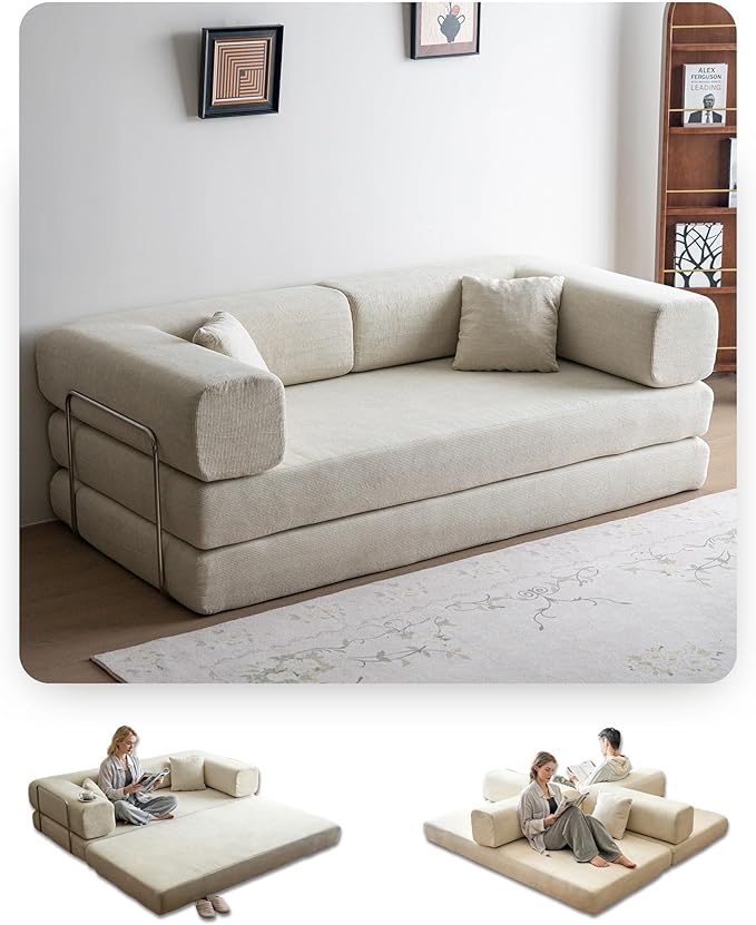 No Assembly Convertible Sofa Bed & 79" Boneless Couch with Pocket , 5-in-1 Futon Sofa Bed with 2 Pillows Modular Pull Out Couch Bed with Frame,Compression in Box for Living Room Small Spaces Beige