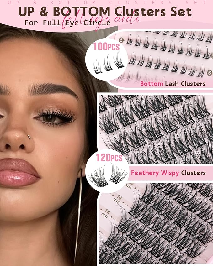 220Pcs Wispy Lash Clusters Kit Cluster Eyelash Extensions Kit Natural DIY C Curl Individual Lashes Clusters With Bottom Eyelashes