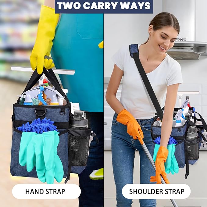 Large Wearable Cleaning Caddy Bag with Detachable Divider, Cleaning Organizer with Handles, Cleaning Supply Tote with Adjustable Shoulder Strap&Waist Belt for Cleaners & Housekeeper (Blue)