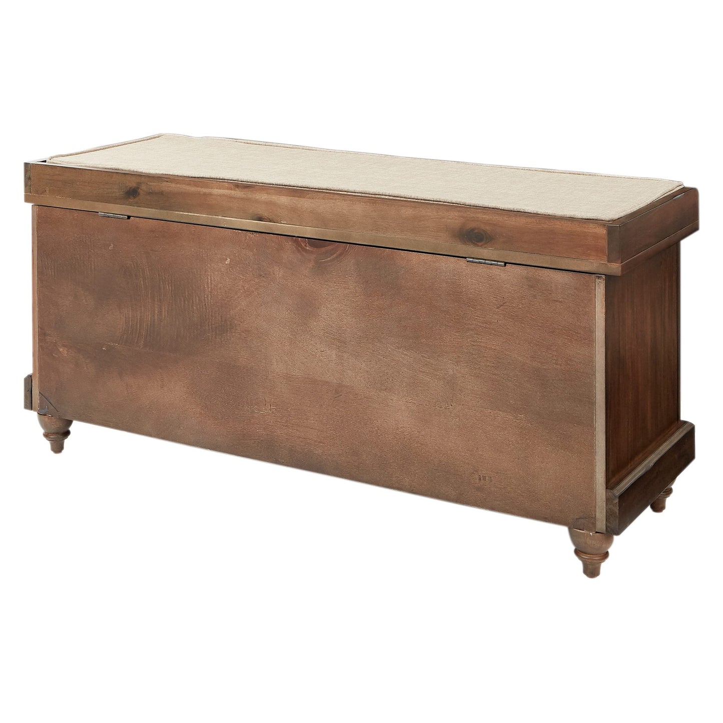 OSP Home Furnishings Dover Coastal Lift-Top Storage Bench with Shutter Face Styling, Distressed Brown Finish with Beige Linen Fabric Cushion