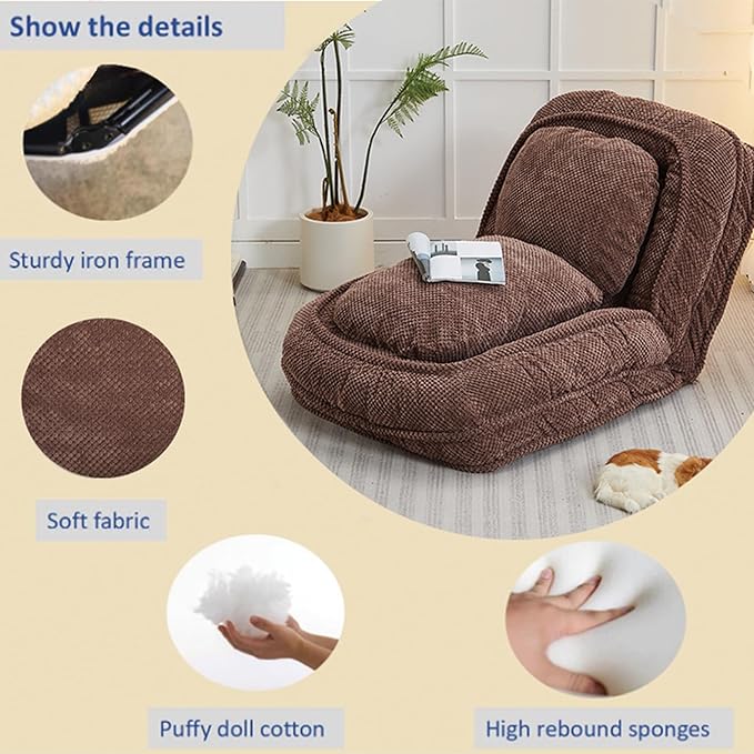 KEIKI Foldable Tatami Lazy Sofa Couch Bed with 5 Adjustable Position, Minimalist Space Saving Design Human Dog Bed with Cushion Back, Easy Assembly, for Apartment, Living Room, Bedroom, Brown