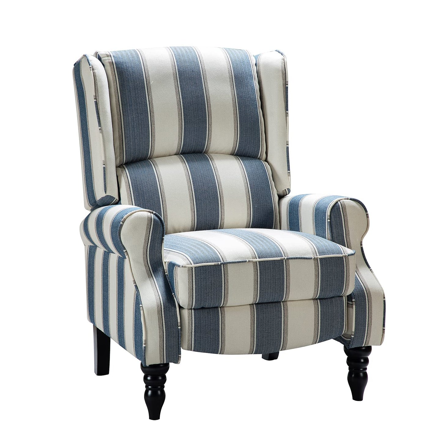 HULALA Home Upholstered Wingback Recliner Chair, Small Adjustable Footrest Push Back Single Reclining Sofa, Mid Century Modern Lounge Armchair for Living Room, Bedroom, Reading/Stripe Navy