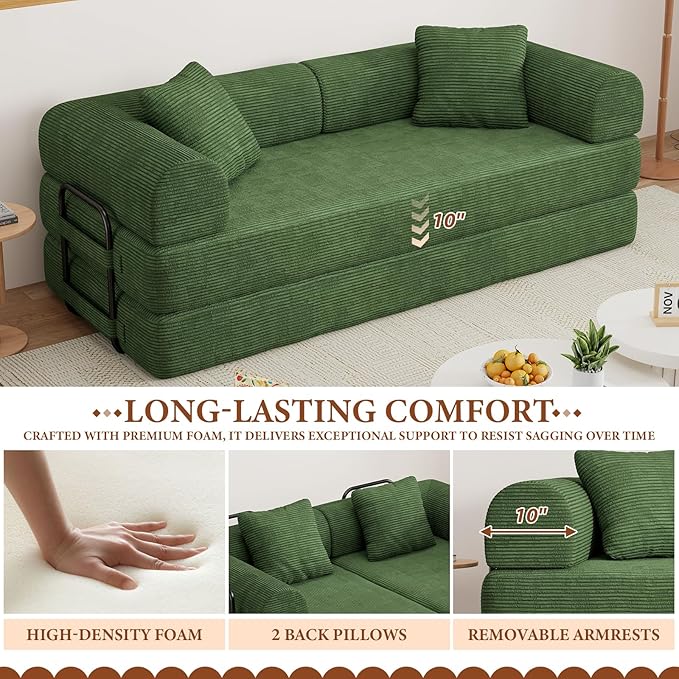 77" Convertible Sofa Bed, Modular Folding Futon Corduroy Floor Foam Compressed Loveseat Sleeper Sofa Couch, Pull Out Queen Size Couch Bed with 2 Pillows for Living Room Guest Room Studio, Dark Green