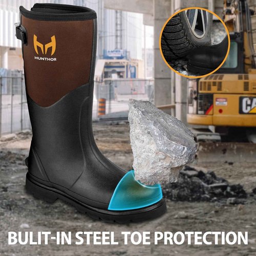 Hunthor Rubber Work Boots, Puncture-Proof with Steel Toe & Shank, Waterproof Insulated 6mm Neoprene Hunting Boots for Farming, Construction, Gardening, Fishing, Outdoor Work