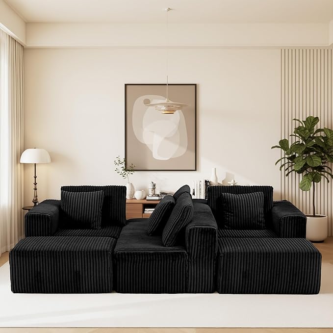 SEENYOO 132" U Shaped Modular Sofa, 4-Seater Sectional Cloud Couch with Chaise, Soft Corduroy Boneless for Living Room, No Assembly Required, Free Configuration, Black