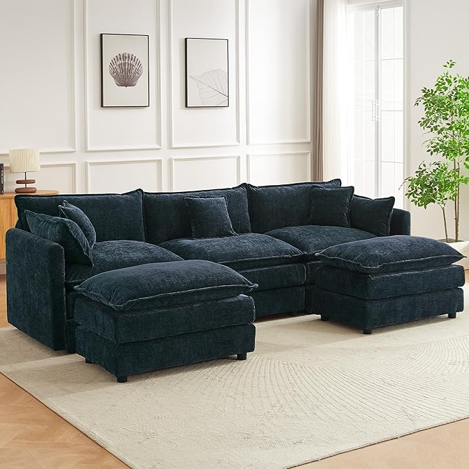 saows Modular Sectional Sofa, 112.2 Inch U Shaped Couch Set with Armrests, 3-Seater Comfy Cloud Couches with Movable Ottoman for Living Room Apartment, Blue