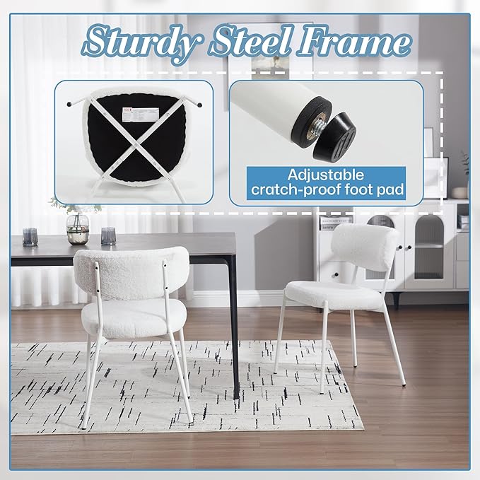 KCC Boucle Dining Chairs Set of 6, Modern Mid-Century Upholstered Stylish Kitchen Chairs Sherpa Accent Diner Chairs with Metal Legs and Curved Back for Kitchen, Dining Room(White)