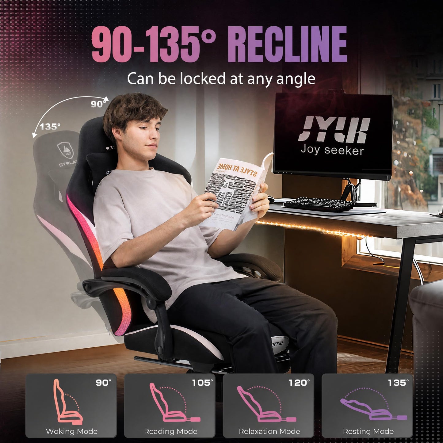 GTPLAYER RGB Gaming Chair with Footrest, LED Lights, Ergonomic Computer Chair with Linkage Armrest, Breathable Fabric for Home Office Desk - Video Game Chairs for Adults