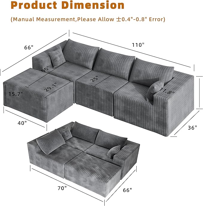 CABZOON 110" Cloud Couch Sectional for Living Room L-Shape Boneless Couches Modular Sectional Sofa with Deep Seat Plush with Chaise,No Assembly Required, Carbon Gray(Plush Corduroy Fabric)