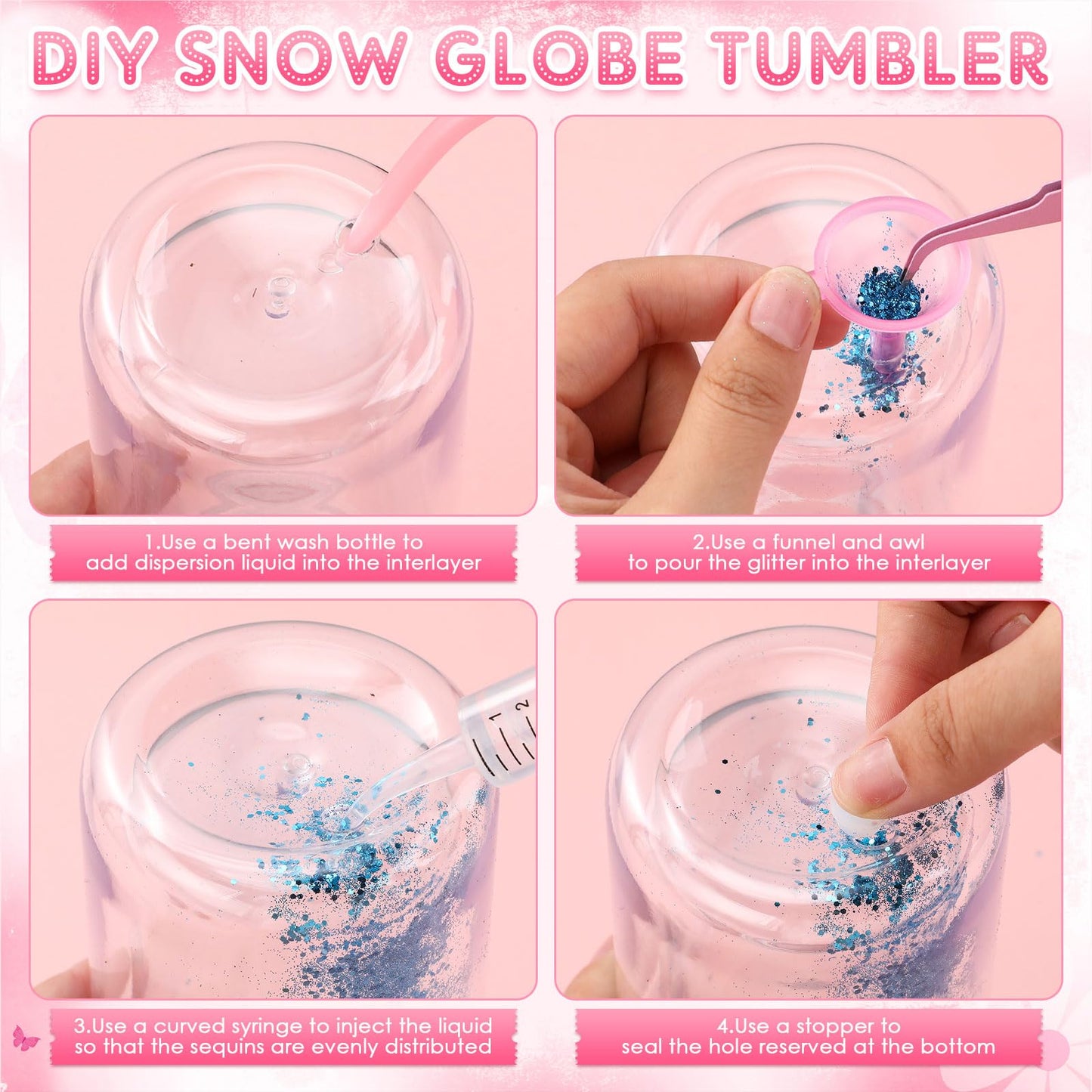 Teenyyou 6 Pack Plastic Snow Globe Tumbler 16 Oz Pre Drilled Double Wall Clear Cups with Lid and Straw Squeeze Bottle Funnel Tweezer Bent Syringe for Glitter Snow Globe DIY Cup Making Supplies